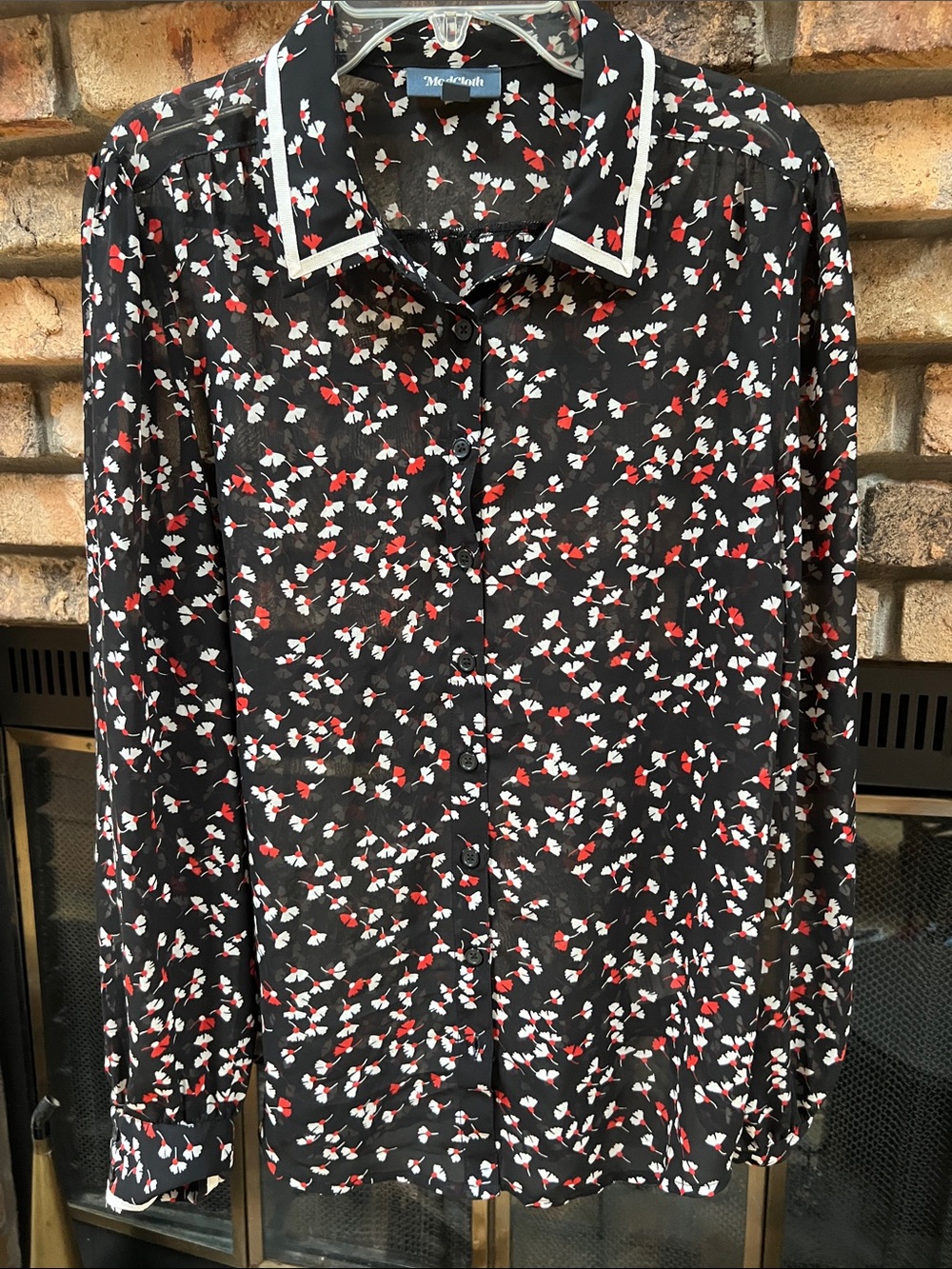ModCloth Black Floral sheer Button-Up Blouse with White Trim size Medium